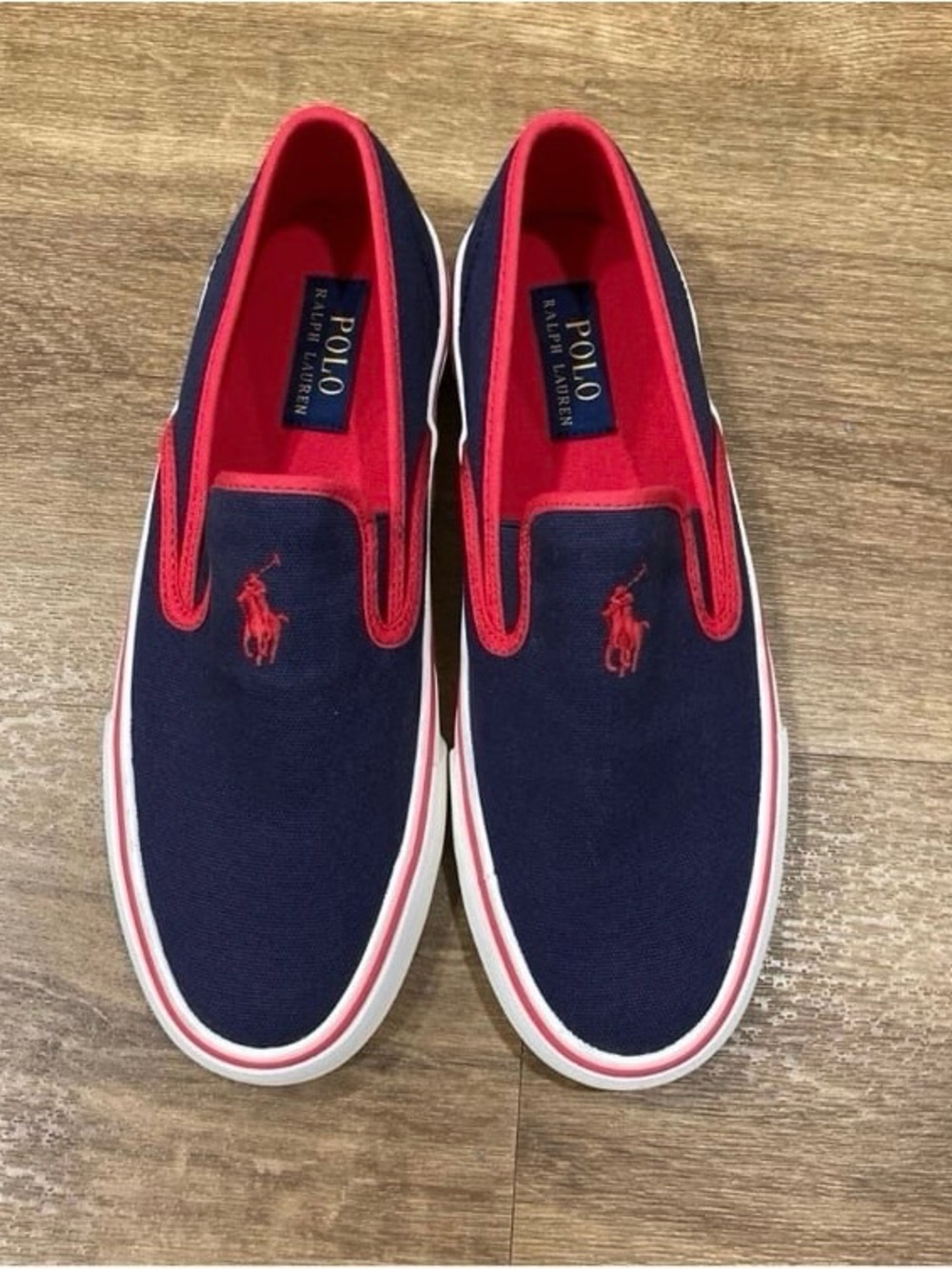 Polo Ralph Lauren Mytton Navy and Red Canvas Slip-On Sneakers 7.5D New no Box